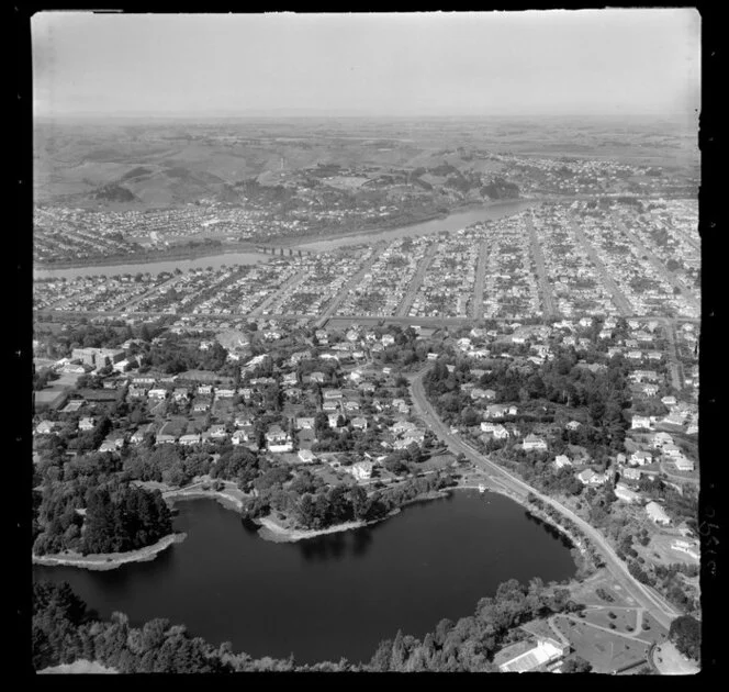 Wanganui, view of Virginia Lake, with Sacred Heart Convent, Saint Johns Hill, and Great North Road, with London Street and Dublin Street Bridge over the Wanganui River to Wanganui East and farmland beyond