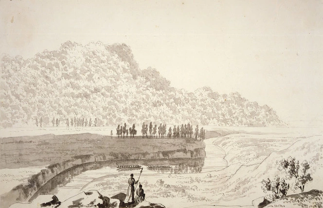 Merrett, Joseph Jenner, 1816?-1854 :[The Hobson album]. The banks of the Waiho near 'Matamata'. [Between 1841 and 1843?]