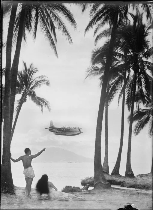 Solent flying boat in Tahiti, showing unidentified couple and palm trees