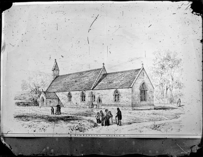 Ink drawing depicting the exterior of Newborough Church, United Kingdom, by an unidentified artist