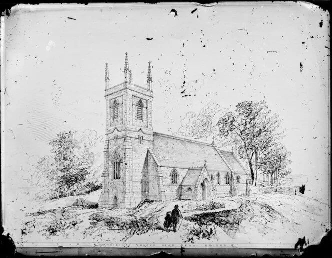 Pen and ink drawing by an unidentified artist, depicting the exterior of Llandisilio Church, Menai Bridge, Wales, United Kingdom