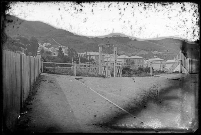 Hobson Street, Thorndon, Wellington, showing swing bridge and houses on Tinakori Road