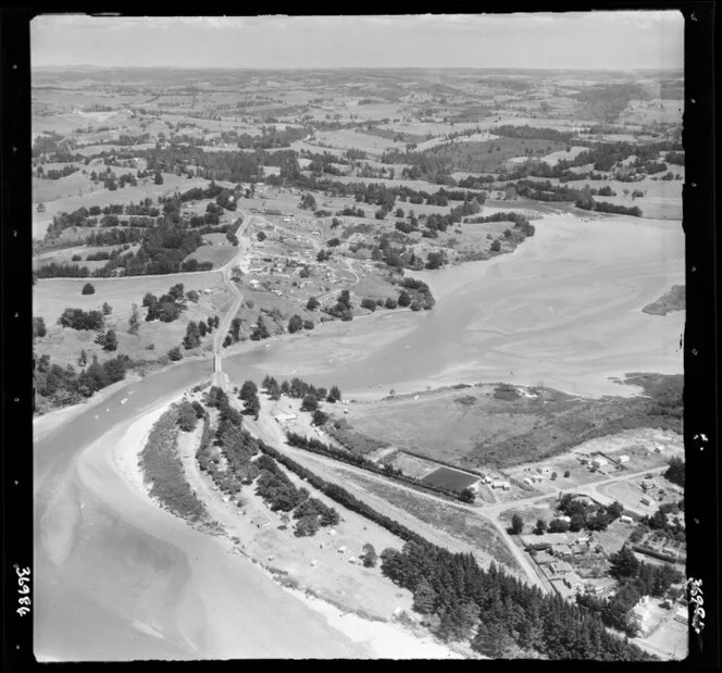 Orewa Beach motor camp and river inlet, Auckland