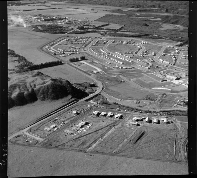 Kawerau, Bay of Plenty, Tasman Pulp Paper Mill, showing a new housing estate and new houses under construction