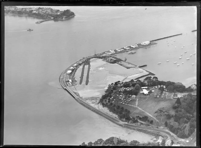 Westhaven, Auckland, showing site preparation for new harbour bridge with Westhaven Marina, Curran Street and Point Erin Park, looking towards Northcote Peninsula