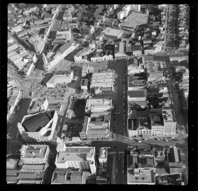 View of Queen Street with Auckland Town Hall and Civic Centre, Auckland City, with residential and commercial buildings