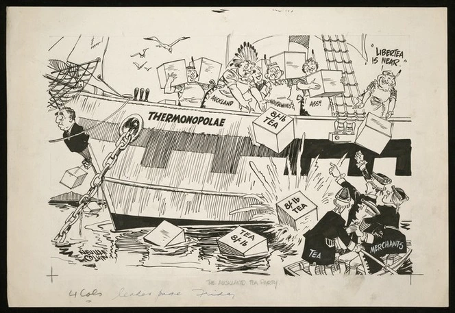Colvin, Neville Maurice, 1918-1991:'The Auckland Tea Party'. "Libertea is near." Evening Post. 17 June, 1955