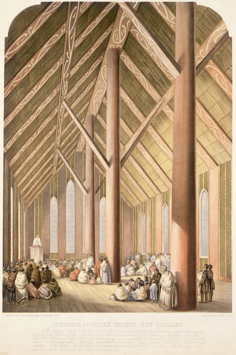 Barraud, Charles Decimus 1822-1897 :Interior of Otake Church, New Zealand...C.D. Barraud, del. Wellington, New Zealand. R.K. Thomas, lith. [London] Day & Son [1852?]