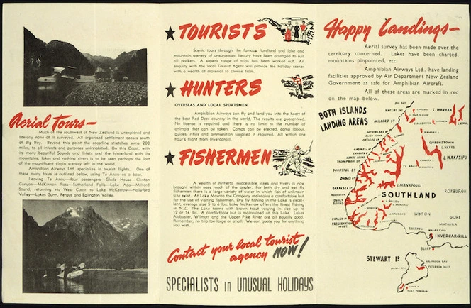 Amphibian Airways Ltd :Adventure in the great southwest. Amphibian Airways Ltd., Invercargill New Zealand, specialists in unusual holidays. [inside. 1950s?]