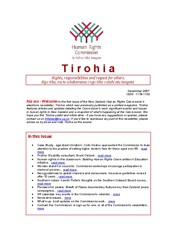 Tirohia [electronic resource] : quarterly newsletter of the New Zealand Human Rights Commission, Kōmihana Tikanga Tangata.