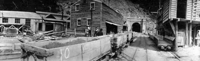 Buildings and railroad wagons at the entrance to the Otira Tunnel