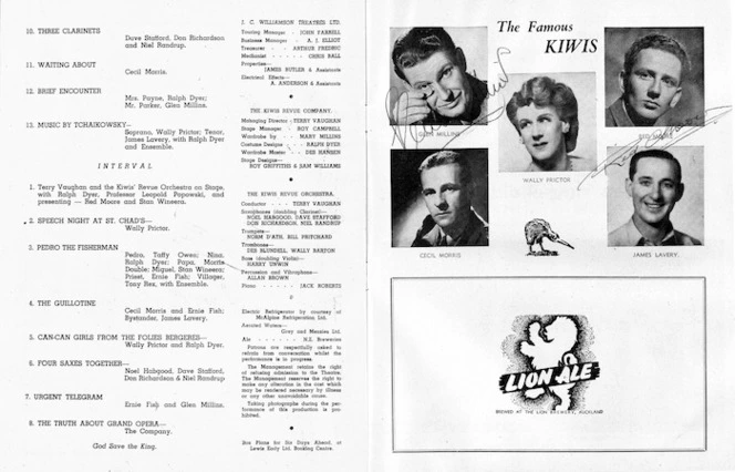 Kiwi Concert Party :The famous Kiwis [J C Williamson Theatres Ltd present The Kiwis Revue Company, the original Middle-East Kiwi Concert Party. His Majesty's Auckland. Programme page [11]].