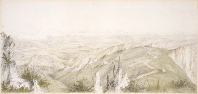 Norman, Edmund, 1820-1875 :Bird's eye view of the Mackenzie Country / E. Norman fct. - [Between 1862 and 1864].