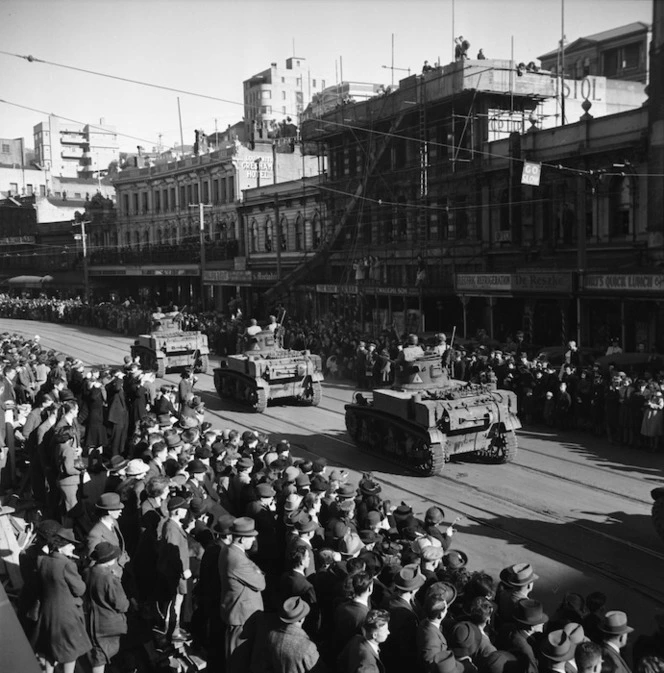 American tanks in Liberty Loan procession down Lambton Quay, Wellington