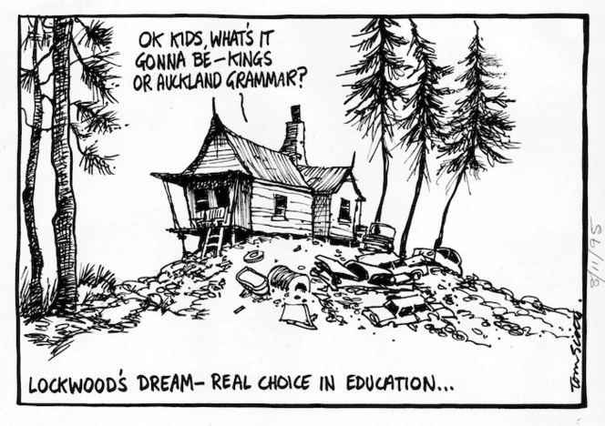 Scott, Tom, 1947- :O. K. kids, what's it gonna be - Kings or Auckland Grammar? Lockwood's dream - real choice in education. 8 November 1995.