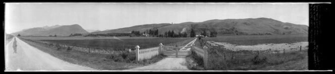 Landscape with wooden farm gate and driveway, Otago