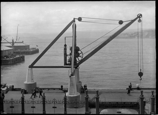 Wellington waterfront, showing wrought iron gates, wharves, and Wellington Harbour Board crane on quay