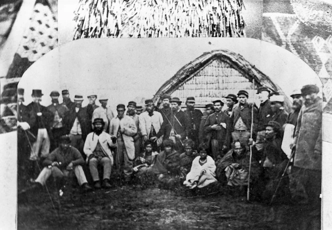 Meeting of Maori and government officials at Weraroa Pa, on the Waitotara River, upstream from Waitotara, South Taranaki