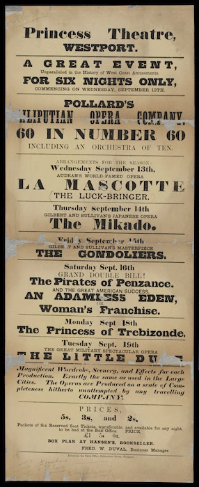 Princess Theatre, Westport. A great event unparalleled in the history of West Coast amusements, for six night only, commencing on Wednesday, September 13th :Pollard' Lilliputian Opera Company. [1893].