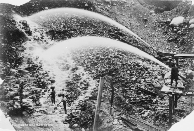 Ring, James, 1856-1939 : Photograph of gold sluicing at Dillman Town, West Coast