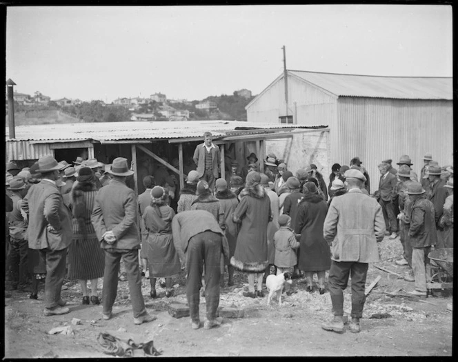 Scene during the 1930s depression, Wellington, probably at a soup kitchen
