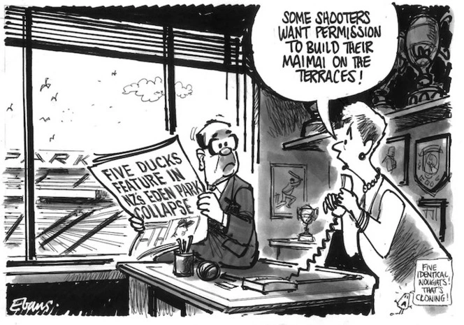 Evans, Malcolm 1945-:Some shooters want permission to build their maimai on the terraces! New Zealand Herald, 14 March, 2001.