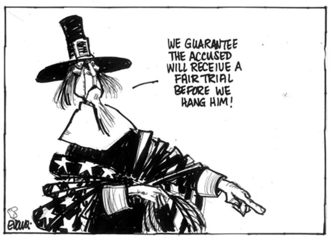 Evans, Malcolm, 1945- :We guarantee the accused will receive a fair trial before we hang him. New Zealand Herald, 26 January, 2003.