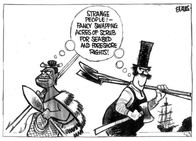 Evans, Malcolm, 1945-:Strange people! Fancy swapping acres of scrub for seabed and foreshore rights! New Zealand Herald, 12 August 2003.