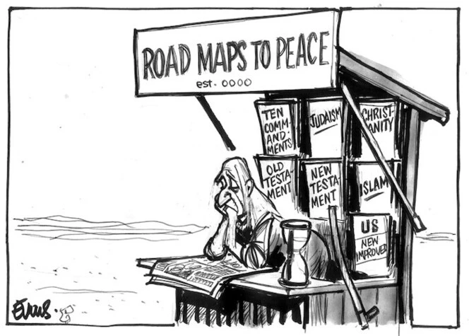 Evans, Malcolm, 1945- :Road maps to peace, est. 0000. New Zealand Catholic, 27 July 2003.