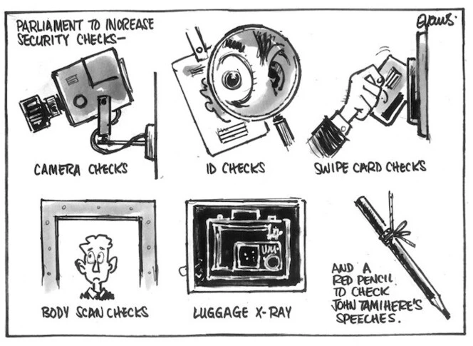 Evans, Malcolm, 1945- :Parliament to increase security checks. New Zealand Herald, 26 February, 2003.