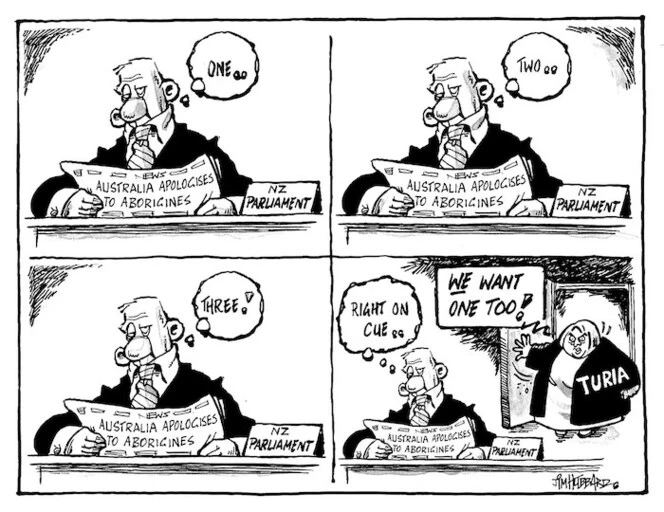 'Australia apologises to Aborigines'. "One.. two.. three! Right on cue.." "WE want one too!" 15 February, 2008