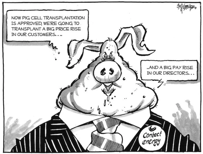 "Now pig cell transplantation is approved, we're going to transplant a big price rise in our customers... And a big pay rise in our directors..." 'Contact Energy.' 22 October, 2008.