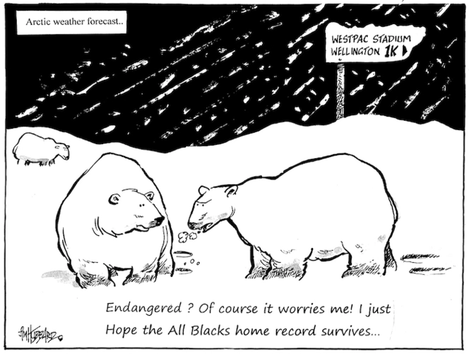 'Arctic weather forecast. "Endangered? Of course it worries me! I just hope the All Blacks home record survives" 4 July, 2008