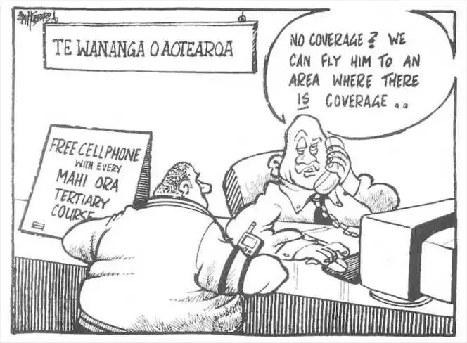 Hubbard, James 1949- :Te Wananga o Aotearoa. Free cellphone with every Mahi Ora tertiary course. 'No coverage? We can fly him to an area where there is coverage..' The Dominion, 10 April 2002.