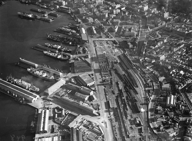 Aerial view of Wellington city, including wharf and railway yard area