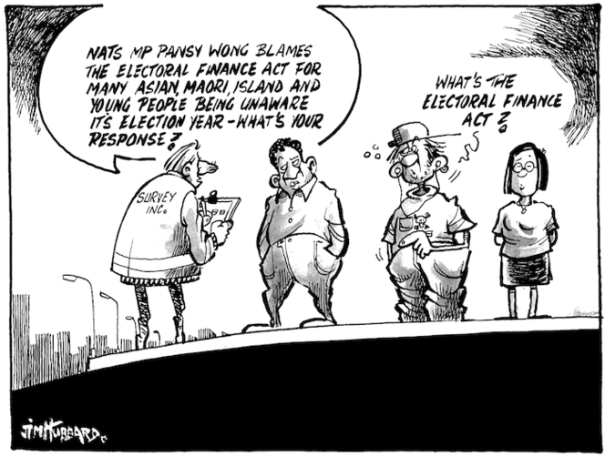 "Nats MP Pansy Wong blames the Electoral Finance Act for many Asian, Maori, Island and young people being unaware it's election year - what's your response?" "What's the Electoral Finance Act?" 8 May, 2008