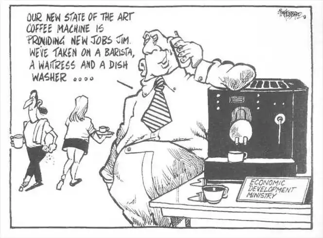 Hubbard, James 1949- :'Our new state of the art coffee machine is providing jobs Jim. We've taken on a barista, a waitress and a dishwasher....' Economic Development Ministry. The Dominion, 11 April 2002.