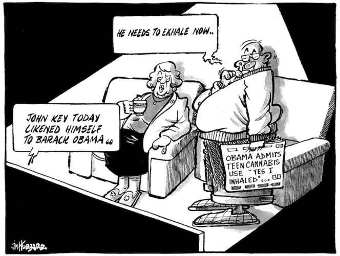 Obama admits to teen cannabis use 'Yes I inhaled'. "John Key today likened himself to Barack Obama.." "He needs to exhale now.." 2 September, 2008