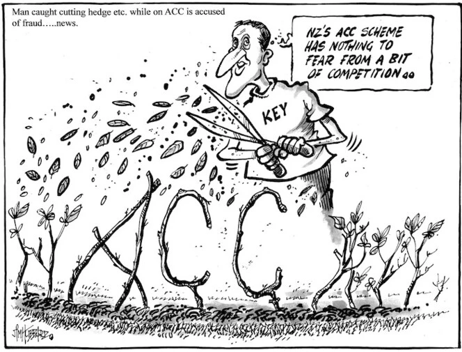 'Man caught cutting hedge etc. while on ACC is accused of fraud news'. "NZ's ACC scheme has nothing to fear from a bit of competition.." 17 July, 2008