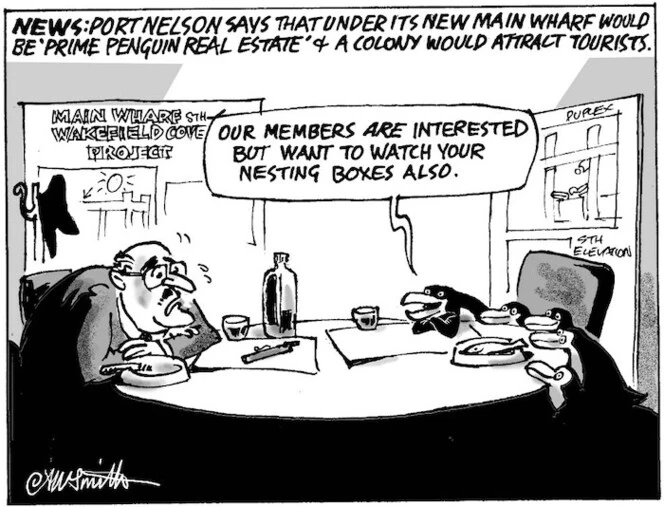 Smith, Ashley W., 1948- :News. Port Nelson says that under its new main wharf would be 'prime penguin real estate' & a colony would attract tourists. New Zealand Shipping Gazette, 26 April 2003.