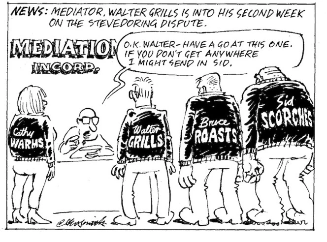 Smith, Ashley W., 1948- :News. Mediator. Walter Grills is into his second week on the stevedoring dispute. New Zealand Shipping Gazette, 17 February 2001.