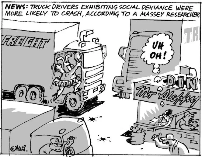 Smith, Ashley W., 1948- :News. Truck drivers exhibiting social deviance were more likely to crash, according to a Massey researcher. New Zealand Shipping Gazette, 6 December 2003.