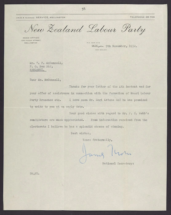 To McDonnell from James Thorn, New Zealand Labour Party Head Office