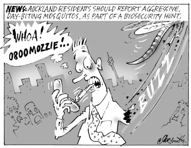 News. Auckland residents should report aggressive, day-biting mosquitos, as part of biosecurity hunt. "Whoa! 0800 MOZZIE!.." 21 March, 2007