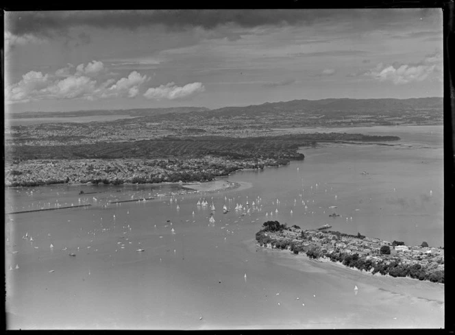 Yachting Regatta, Okahu Bay, Auckland, showing yachts, boats and residential area