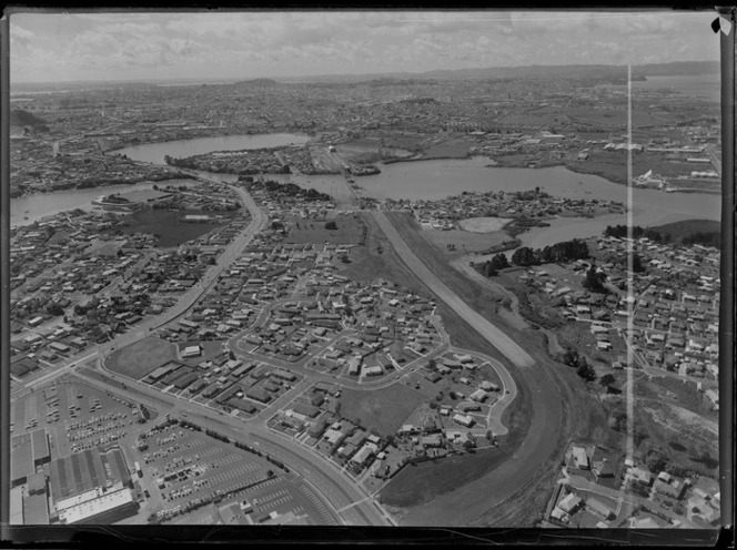 Pakuranga, showing construction of new highway and bridge, Auckland