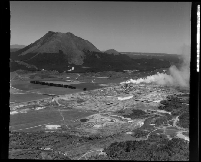 Kawerau Saw Mills, Eastern Bay of Plenty, including Mt Edgecumbe in the background