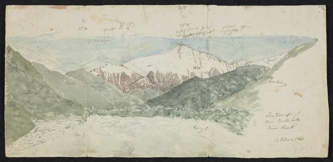 Haast, Johann Franz Julius von, 1822-1887: Junction of River Burke with River Haast. 13 Februar[y] 1863