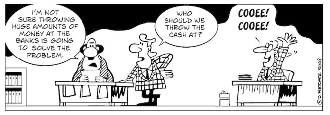 "I'm not sure throwing huge amounts of money at the banks is going to solve the problem." "Who should we throw the cash at?" 28 November, 2008.