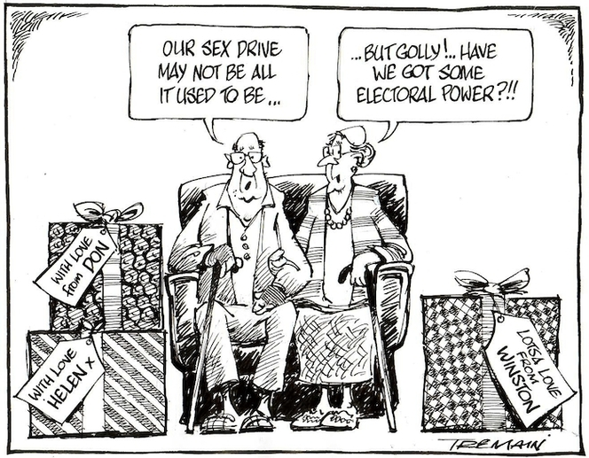 Tremain, Garrick, 1941- :"Our sex drive may not be all it used to be...but golly!..have we got some electoral power?!! Otago Daily Times, 14 April 2005.